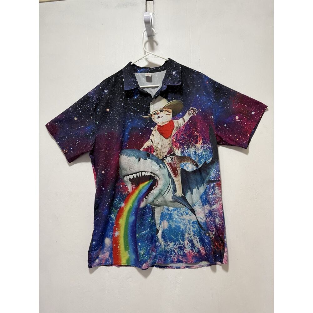 Cowboy Cat Riding Shark Galaxy Rainbow Western Graphic Button Shirt Men’s Sz 2XL